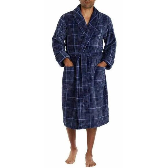 Tommy Bahama Plush Robe Mens L/XL Blue Plaid Fleece Belted Embroidered Logo Long - Picture 1 of 10